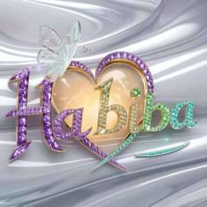 A shimmering gemstone "Habiba" logo in purple and aqua hues, enhanced by a luminous heart and ethereal butterfly, displayed on a pristine white background.