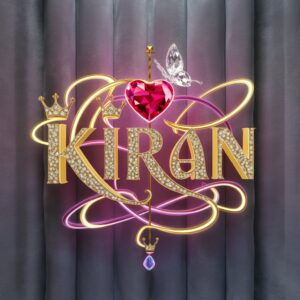 A regal 3D logo for "Kiran" with opulent gold-purple gradients, glowing crowns, and a crystal butterfly