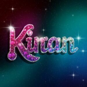 Galactic 3D 'Kiran' logo with magenta-teal gradients, glowing stars, and a celestial glass butterfly."