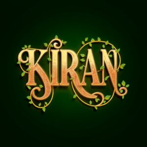 Earthy 'Kiran' 3D logo with green-to-gold gradients, glowing vines, and a radiant emerald heart."