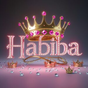 Elegant Habiba text in pink with gems and crowns, symbolizing luxury in 3D rendered brilliance."