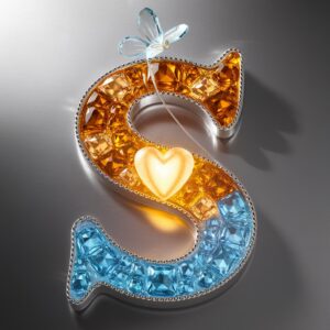 The letter "S" in sparkling gems, with a golden heart and glass butterfly floating gently beside it, set on a sleek silver backdrop