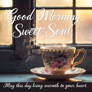 A cozy Good Morning with a delicate teacup, morning light pouring in, and a heartfelt message below