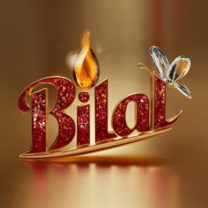 Name 'Bilal' crafted with sunset reds and oranges, accented by a flame and butterfly detail