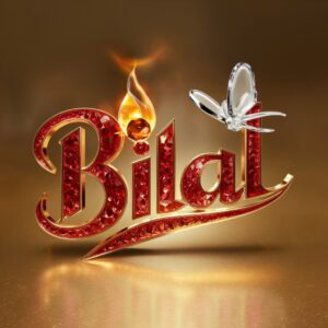 A striking 3D logo of 'Bilal,' glowing with fiery gems and set against a polished golden background