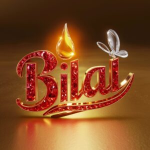 Bilal's name burns bright in a gradient of fiery reds and oranges, glowing with a heart and butterfly."