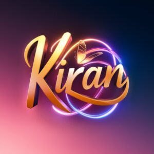 A captivating "Kiran" name DP with a golden-to-blue gradient and glowing neon swirls on a twilight backdrop.