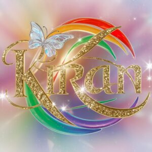 A luxurious "Kiran" name DP with shimmering golden text and glowing rainbow accents on a pastel background.