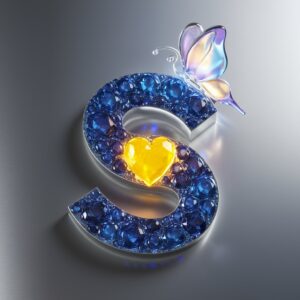 A stunning sapphire blue "S" logo enhanced by a radiant yellow heart and a whimsical pastel butterfly on a sleek silver backdrop