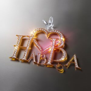 Radiant 3D text for "Habiba" in sunset yellow and twilight purple gemstones, highlighted by a glowing heart and ethereal butterfly, displayed on a reflective silver surface. 