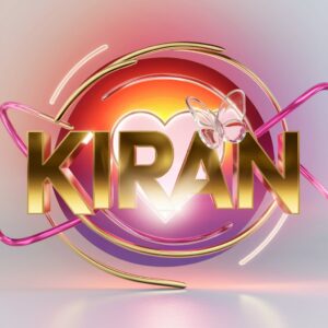 A 3D logo of "Kiran" glowing with a sunset gradient, highlighted by a luminous heart and glass butterfly. 