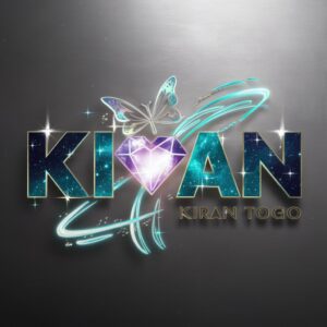 Kiran" in celestial hues with neon streaks, a diamond-like heart, and a dark silver backdrop.