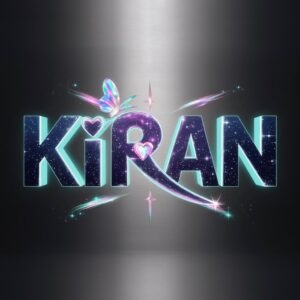 A 3D cosmic "Kiran" logo with an indigo-to-teal gradient, glowing stars, and a holographic butterfly