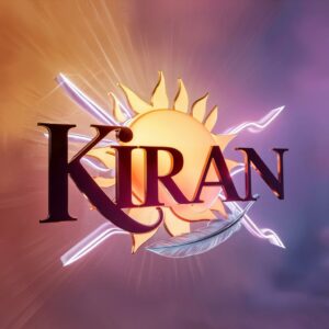 Artistic "Kiran" name DP showcasing bold sunrise colors, a glowing heart, and a soft gradient background