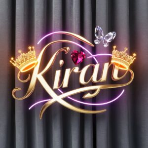 A majestic "Kiran" logo with shimmering golden letters, intricate crowns, and luxurious purple highlights.