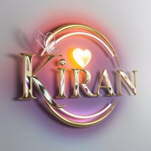 A radiant logo of "Kiran" with glowing letters, warm gradients, and a delicate butterfly on a white background.