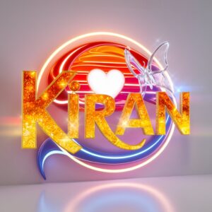 Twinkling golden "Kiran" logo with sunset-inspired colors and a whimsical heart centerpiece.