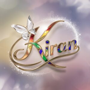 Whimsical "Kiran" name DP with shimmering text and rainbow hues, complemented by a delicate butterfly.