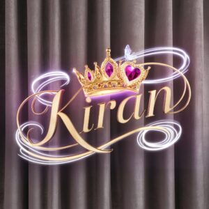 Kiran" in royal colors, adorned with swirling neon trails, a ruby heart, and velvet gray tones.