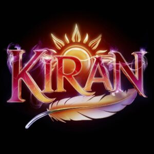 Stunning "Kiran" name DP with radiant gradient lettering, ethereal light, and a mystical sun symbol