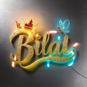 Regal Bilal Name DP blending golden shimmer, neon glow, and a majestic crown on a silver canvas