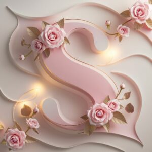 Elegant 'S' name DP in pink and peach, adorned with blooming roses and a soft golden glow."