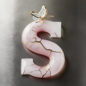 Chic 'S' name DP in soft rose quartz with gold veins and a delicate glass butterfly accent."