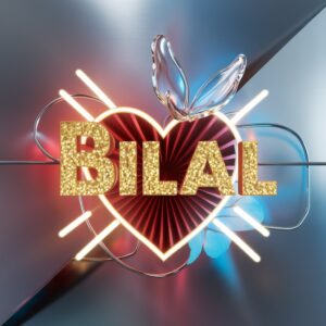 Vibrant Bilal Name DP glowing with neon highlights, radiant heart, and shimmering gold text.