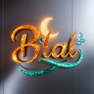 A fiery orange-to-green gradient Bilal Name DP adorned with golden details and a crescent moon. 