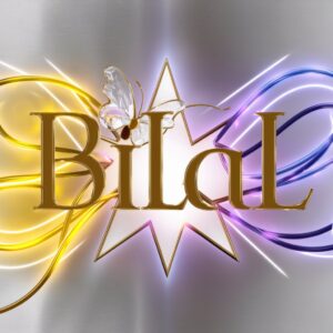 A golden Bilal Name DP glowing with neon lights, blending yellows and purples on a sleek silver background.