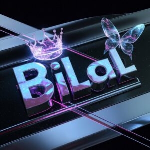 Bilal in holographic chrome textures, blending electric blues and magentas, with a glowing nebula crown.