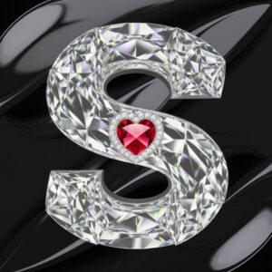 Glistening diamond-cut 'S' with a radiant ruby heart center, set against a polished black background