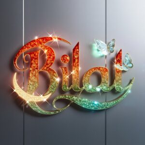 Glowing Bilal Name DP with soft gradients, a glass butterfly, and a serene silver background.