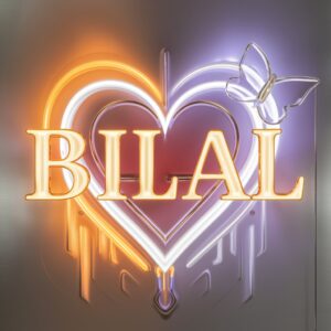 Heartfelt Bilal Name DP featuring luminous gradients, a glass butterfly, and a clean silver background.