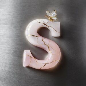 Delicate rose quartz 'S' name DP with gold detailing, set on silver for an elegant aesthetic."