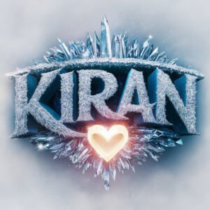 Elegant "Kiran" name DP featuring shimmering silver text and luminous blue accents with a glowing heart.