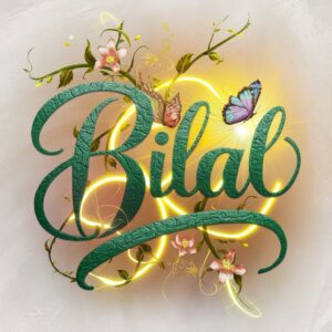 Bilal in textured green and yellow gradients, enhanced by glowing floral patterns and a radiant butterfly.