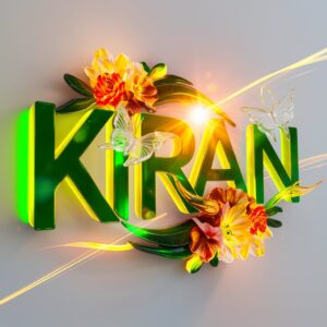 Radiant "Kiran" name DP showcasing colorful floral elements, glowing text, and a clean white backdrop.