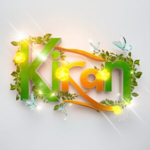 A lively "Kiran" name DP featuring bright green, yellow, and orange tones with glowing floral accents.