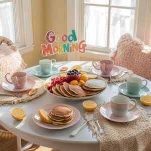 Brightly set breakfast table with a 'Good Morning' sign amidst delicious dishes