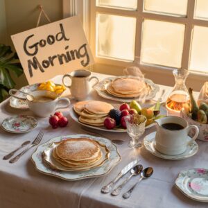 "A charming breakfast scene featuring fluffy pancakes and fresh fruit." 