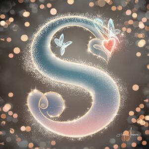 Enchanting 'S' logo with twilight hues, shimmering fairy trails, and a soft bokeh silver background