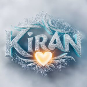 A frosty "Kiran" name DP with icy blue and silver tones, sparkling crystal effects, and a snowy backdrop.