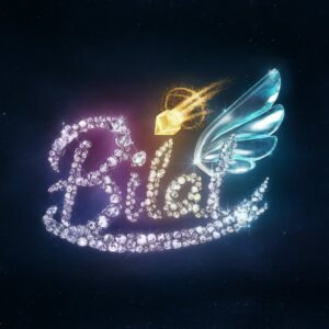 "A celestial 3D logo of 'Bilal,' with deep purple and blue hues, adorned with a comet and wings