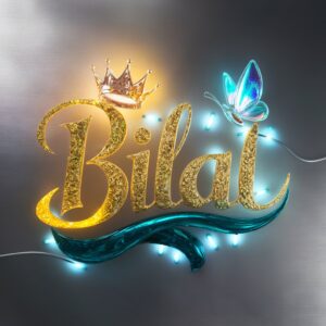 Playful Bilal Name DP featuring yellow-teal gradients, glowing crown, and a glass butterfly.