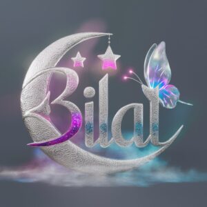 Bilal written in glowing silver, transitioning from twilight purples to cosmic blues, with a crescent moon accent. 