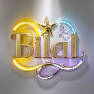 Radiant Bilal Name DP with golden textures, neon highlights, and a whimsical butterfly in harmony.