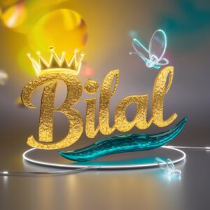 Royal-inspired Bilal Name DP with shimmering gold, neon lights, and a vibrant yet elegant design.