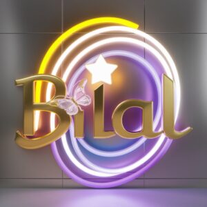 Vibrant Bilal Name DP with shimmering gold text, neon accents, and a glass butterfly on a silver canvas