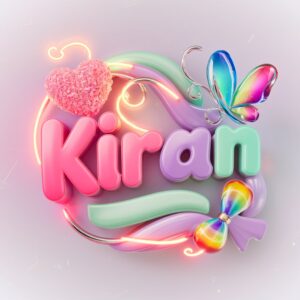 Candy-themed 'Kiran' logo with a glowing heart, neon patterns, and a white background sprinkled with sparkles." 